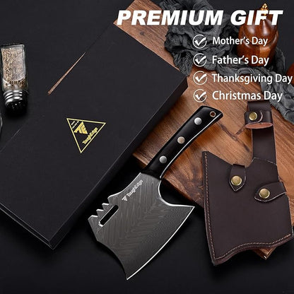 Damascus Meat Cleaver, Serbian Chef`s Knife, 7.58" 73 Layers Steel Blade Kitchen Bone Chopping Axe Hatchet, Ebony Wood Handle, Premium Leather Sheath and Gift Box included