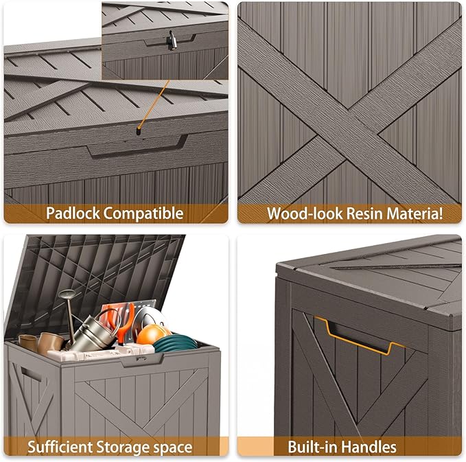 PatioZen 32 Gallon Deck Box,Resin Outdoor Storage Box with Lockable for Patio Furniture, Pool Accessories, Garden Tools, Waterproof Outside Storage Box, Grey