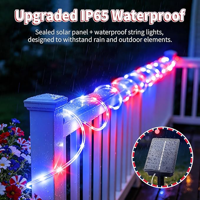 Red White and Blue Solar Rope Lights Waterproof, Solar String Lights for 4th of July Decorations, 33ft 100LED Patriotic Lights Outdoor Indoor for Independence Day Memorial Day