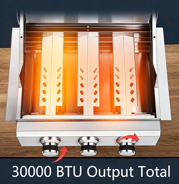 3-Burner Built-In Grill, Stainless Steel Propane Grill with Drawer-Style Oil Drip Tray, 30,000 BTU for Patio Backyard Parties Barbecue