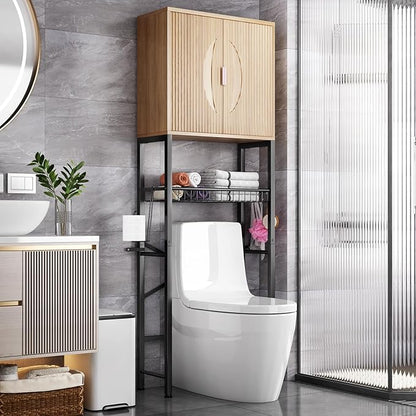 Kalrin Over The Toilet Storage Cabinet with Fluted Wave Doors and Adjustable Shelf, Wood Over Toilet Storage Rack with Drain Basket, Freestanding Bathroom Organizer for Balcony Laundry, Wood & Black