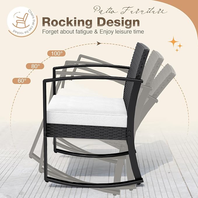 Greesum 3 Pieces Outdoor Furniture Set Patio Bistro Rocking Chairs with Glass Coffee Table for Pool Beach Backyard Balcony Porch Deck Garden, White