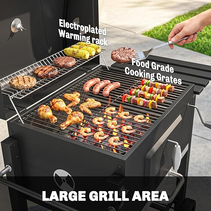 Outsunny Charcoal BBQ Grill, Outdoor Portable Cooker for Camping or Backyard Picnic with Side Table, Bottom Storage Shelf, Wheels and Handle, Black