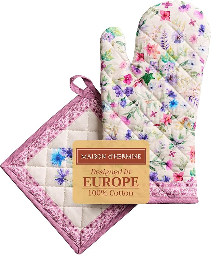 Maison d' Hermine 100% Cotton Oven Mitt & Pot Holder Set (7.5"x13" & 8"x8") Heat Resistant BBQ Cooking Gloves with Loop Baking Grilling Kitchen Hotel Home Farmhouse Spring Summer (Chardon)