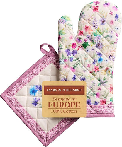 Maison d' Hermine 100% Cotton Oven Mitt & Pot Holder Set (7.5"x13" & 8"x8") Heat Resistant BBQ Cooking Gloves with Loop Baking Grilling Kitchen Hotel Home Farmhouse Spring Summer (Chardon)