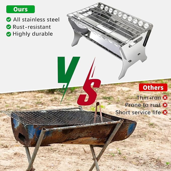 Portable Charcoal Grill, Stainless Steel Folding BBQ Grill, Heavy Duty Camping Fire Pit, Tabletop Charcoal Grills for Outdoor Cooking, Picnic, Tailgate, Beach, Backyard, 17 * 10.3 * 8.7 inch