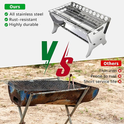 Portable Charcoal Grill, Stainless Steel Folding BBQ Grill, Heavy Duty Camping Fire Pit, Tabletop Charcoal Grills for Outdoor Cooking, Picnic, Tailgate, Beach, Backyard, 17 * 10.3 * 8.7 inch