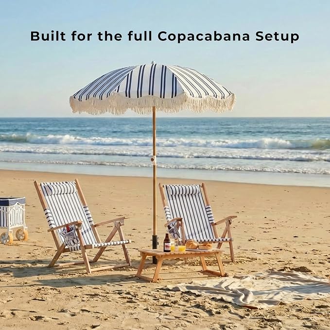6FT Striped Fringe Beach Umbrella, Sand Anchor, UPF 50+ Sun Shade | Adjustable Tilt & Portable Design, Coastal Umbrella for Beach & Patio, Heritage Ocean Blue Stripe