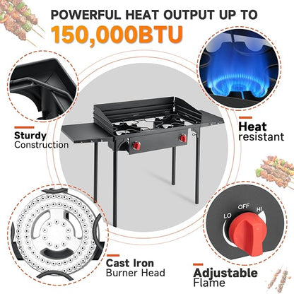 High Pressure Propane Stove, 2 Burner Outdoor Propane Burner with Windscreen ＆ Side Shelves, 150,000 BTU Gas Stove with 0-20 PSI Regulator for Camping, Backyard, Picnic, Outdoor Cooking