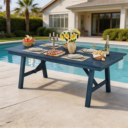 Outdoor Dining Table 6 Person, Rectangle HDPE Patio Table with 2.1" Umbrella Hole, Triangular Legs, Weatherproof Heavy Duty Backyard Furniture for Garden, Deck, Poolside, Easy Assembly (Navy Blue)
