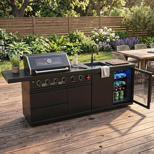 84 Inch Outdoor Kitchen Island Grill, 6 Burner 75300 BTU Stainless Steel Propane Gas Grill Island with Sink and Refrigerator, Modular BBQ Barbecue Island with Granite Countertop and Rotisserie Kit