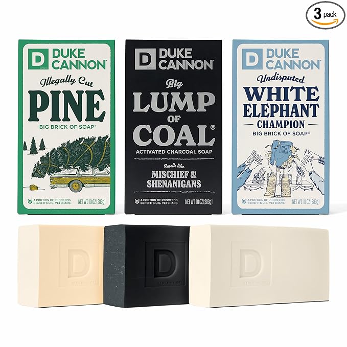 Duke Cannon Supply Co. Big Brick of Soap Bar For Men - Big Lump of Coal, Santa's Pipe Smoke, Highly Regiftable Peppermint Bark, Holiday Variety, 10 oz. (3 Pack)