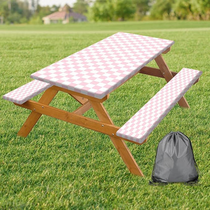 Picnic Table Cover with Bench Covers and Bag, Pink and White Checkered Gingham Buffalo Plaid Camping Tablecloth Cover Waterproof Windproof Elastic Edges Fitted Tablecloths for Outdoor 3PCS 30x60 Inch