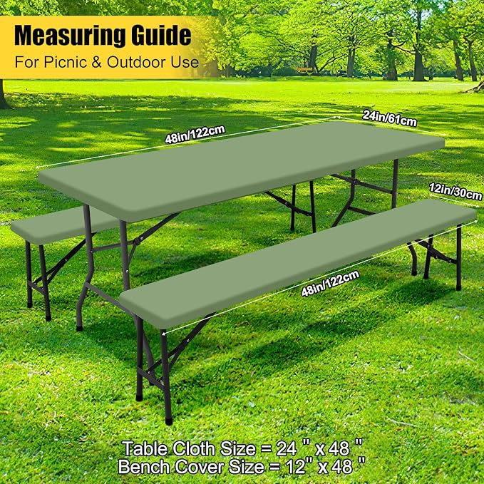 Smiry Picnic Table Cover with Bench Covers, Waterproof Elastic Fitted Polyester Tablecloths for 4 Ft Rectangle Tables, Washable Windproof Tablecloth for Camping, Outdoor (Sage Green, 24x48 Inches)
