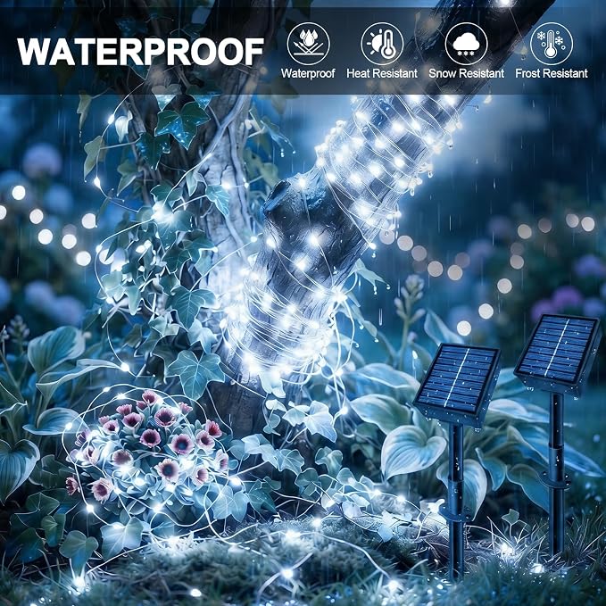 Solar String Lights 2 Pack Total 66FT 200LED Solar Fairy Lights Outdoor Waterproof 8 Lighting Modes Twinkle Lights for Patio, Garden Yard Party Wedding Tree Christmas Halloween Decoration, White