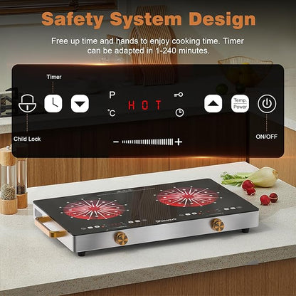 2 Burner Electric Cooktop 110V - 24 Inch(22.2"x 13.07") Countertop Electric Stove with Handles 2000W, Two Burner Ceramic Burner with Touch and Knob Control, Timer, Safety Lock, 120V Plug in