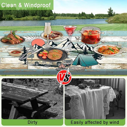 JAWO Camper RV Picnic Table Cover with Bench Covers, Happy Camper RV Essentials Gear Supplies Outdoor Waterproof Windproof Tablecloth with Elastic, 30X72in