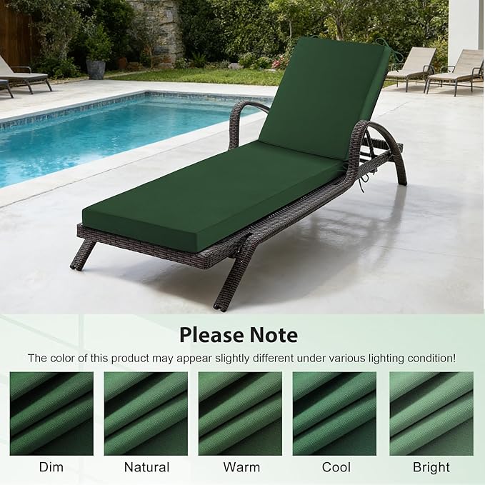 2 Pcs Chaise Lounge Cushions Outdoor Set of 2, 72x 21x 3 Inch Waterproof & Fade-Resistant Lounge Chair Cushion, Outdoor Chaise Cushion with Ties for Lawn, Patio, Pool & Beach, Forest Green
