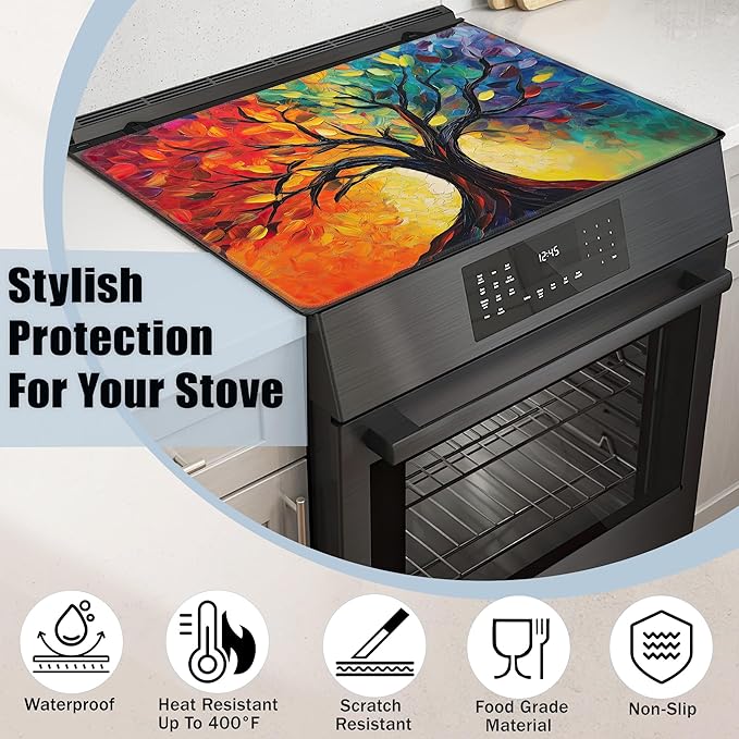 Tree of Life Glass Top Stove Cover Protector,Modern Colorful Tree Heat Resistant Stove Top Cover, Large Size Range Covers for Electric Stove Countertop Mat, 28 x 20 Inch