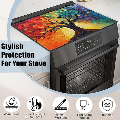 Tree of Life Glass Top Stove Cover Protector,Modern Colorful Tree Heat Resistant Stove Top Cover, Large Size Range Covers for Electric Stove Countertop Mat, 28 x 20 Inch