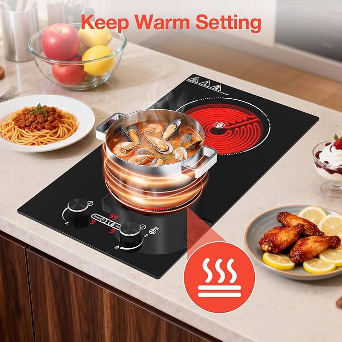 2 Burner Electric Cooktop, 12 Inch Built-in Ceramic Cooktop, 2100W Plug in Electric Stove Top with Knob Control, Keep Warm, 9 Heating Levels, Timer & Child Safety Lock, Over-Temperature Protection