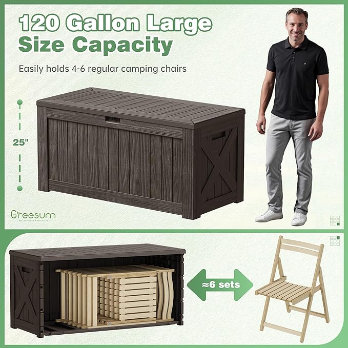 Greesum Outdoor Storage Box 120 Gallon Storage Bin with Lid for Patio Furniture, Garden Tools, Pool Supplies, Lockable, Waterproof and UV Resistant, Dark Brown