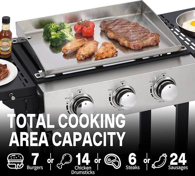 3-Burner Flat Top Grill with Folding Side Tables, Outdoor Griddle Grill with Storage Cover, 30,000 BTU Flat Grill with Stainless Steel Cooking Surface for BBQ, Camping, Tailgating
