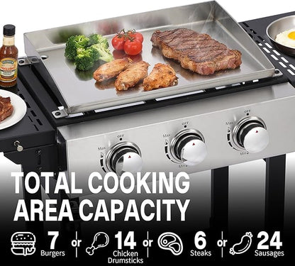 3-Burner Flat Top Grill with Folding Side Tables, Outdoor Griddle Grill with Storage Cover, 30,000 BTU Flat Grill with Stainless Steel Cooking Surface for BBQ, Camping, Tailgating