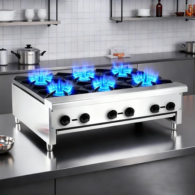 Stainless Steel Stoves,Portable Cooktop with 6 Burners–168,000 BTU,Comes with Conversion Kit for Both Propane & Natural Gas Cooktop Combo.Commercial Gas Stove for Restaurant & School Cafeteria.