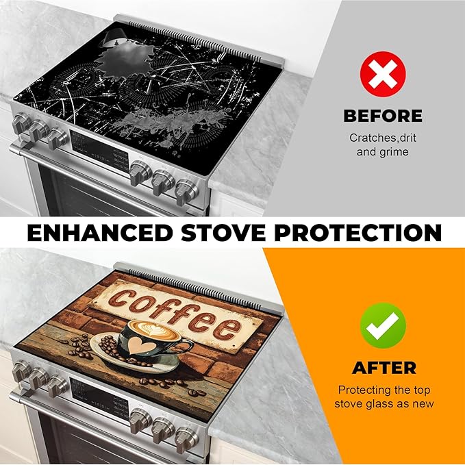 Heat-Resistant Glass Stove Top Cover with Anti-Slip Rubber Coating – Electric Stove Protector, Scratch-Resistant, Counter Space Decor Mat (Coffee, 28.5"L x 20.5"W)