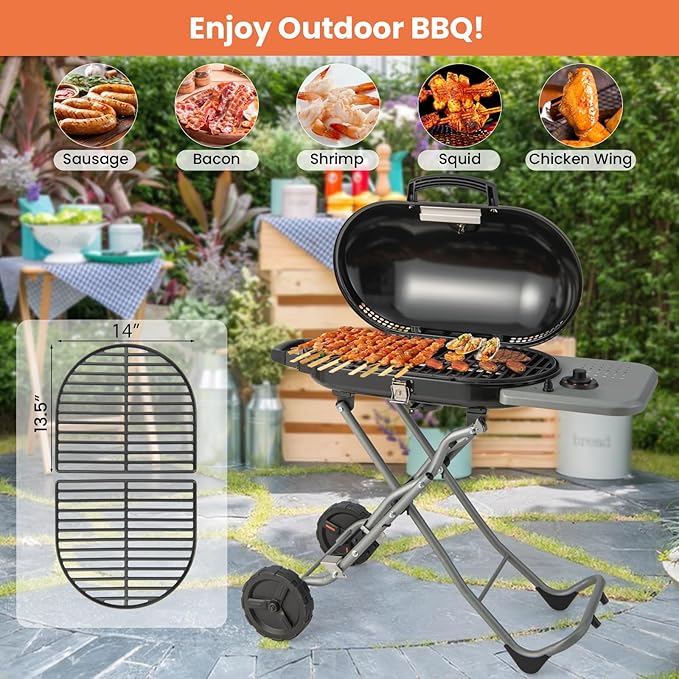Giantex Portable Propane Gas Grill with 15,000 BTUs Burner, Side Table, 2 Wheels, Grease Tray, Metal Frame, Folding Stand-Up Propane Gas Grill for Outdoor Cooking Camping Barbecue (Black)