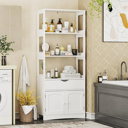 DICTAC Kitchen Pantry Storage Cabinets Freestanding Tall Bathroom Cabinet with Shelves and Drawer 64''H Sideboard Microwave Space Cupboard Organizer for Home Office,White, 23.62x13x64.06inch | Freestanding
