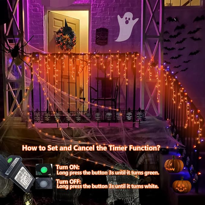 QITONG Orange Lights for Halloween, 33ft 400 LED Icicle Lights for Outside Plug in, Clear Wire Connectable String Light Indoor with 8 Modes