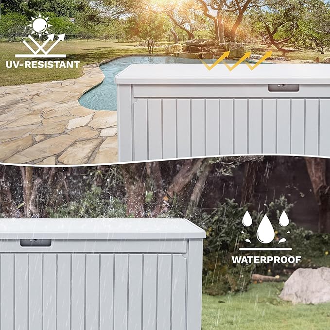 DWVO 320 Gallon Double-Wall Deck Box with Divider, XXL Extra Large Resin Outdoor Storage Box, Lockable & Waterproof, Double as Seating, 1000lbs Capacity (Grayish-White)