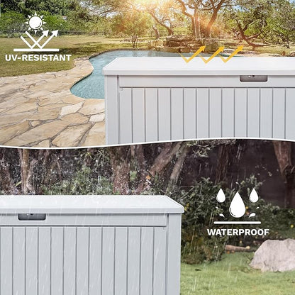 DWVO 320 Gallon Double-Wall Deck Box with Divider, XXL Extra Large Resin Outdoor Storage Box, Lockable & Waterproof, Double as Seating, 1000lbs Capacity (Grayish-White)