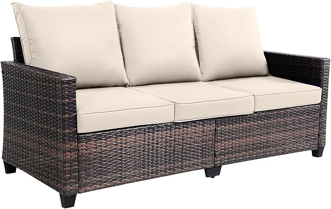 3-Seat Outdoor Sofa, PE Rattan, Beige | High Back Support,Deep Seat Comfort,All-Weather Cushions,For Patio/Garden/Deck,Modern Style
