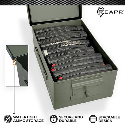 Reapr Steel Ammo Can, Heavy Duty Locking Metal Ammo Storage Box, Airtight and Watertight 30 Cal or 50 Cal Case for Rifle, Shotgun, Pistol, Military Footlocker Style Tool and Gear Organizer