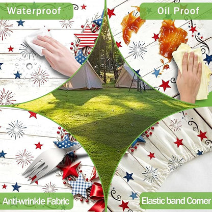 JAWO 4th of July Picnic Table Cover with Bench Covers, Rustic White Wood Patriotic Star Camper RV Essentials Gear Supplies Outdoor Waterproof Windproof Tablecloth with Elastic, 30X96in
