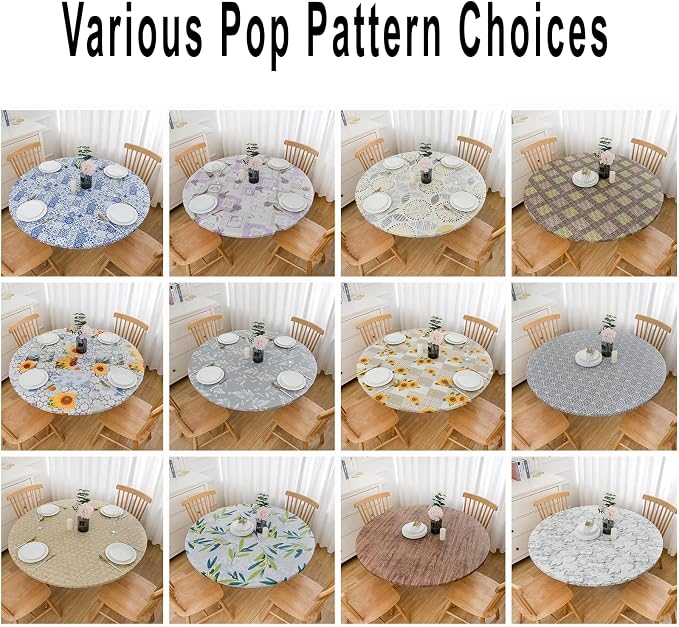 LIBERECOO Round Vinyl Fitted Tablecloth with Flannel Backing Elastic Edge Table Cover Waterproof Stain-Resistant Wipeable Tablecloths Fits 45-56" Round Tables