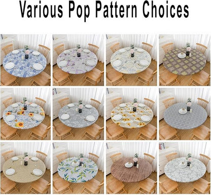 LIBERECOO Round Vinyl Fitted Tablecloth with Flannel Backing Elastic Edge Table Cover Waterproof Stain-Resistant Wipeable Tablecloths Fits 45-56" Round Tables