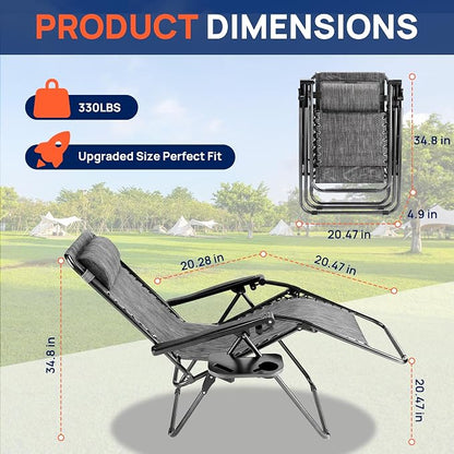 Oversized Zero Gravity Chair, Portable Outdoor Patio Lounge Recliner, Black | Foldable Patio Chairs with Reclining Design & Breathable Mesh, Cup Holder, Lawn Beach Camping