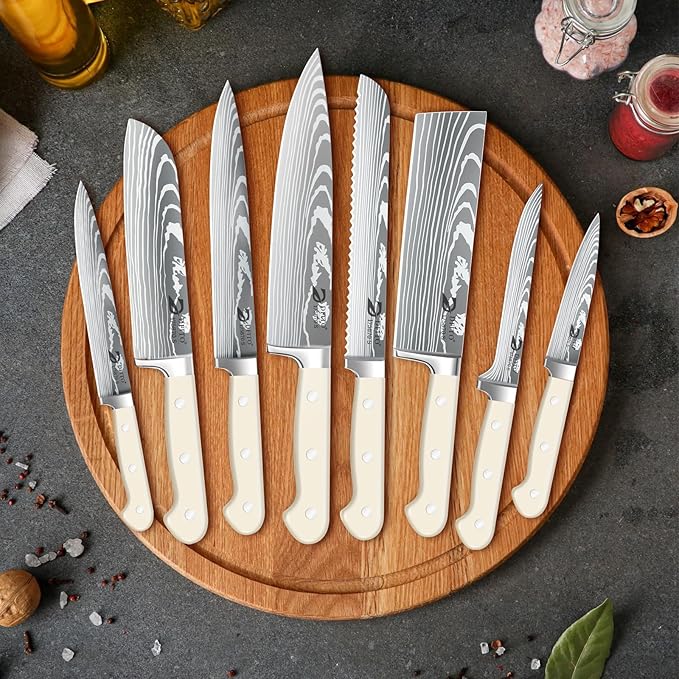 Dfito Chef Knife Set with Roll Bag, 9PCS Professional Knife Set with Sharpener, High Carbon Stainless Steel Kitchen Knife Set with Anti-Slip Ergonomic Handle for Camping, Travel, BBQ, RV or Gift Beige