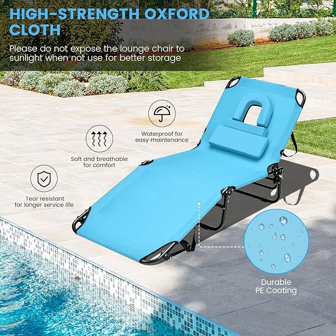 GYMAX Tanning Chair, 330lbs Beach Lounge Chair with Face Hole, Washable Pillow & Carry Strap, Adjustable Folding Chaise Lounge, Layout Lounger for Outside, Patio, Poolside, Lawn (2, Arctic)