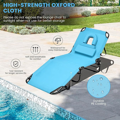 GYMAX Tanning Chair, 330lbs Beach Lounge Chair with Face Hole, Washable Pillow & Carry Strap, Adjustable Folding Chaise Lounge, Layout Lounger for Outside, Patio, Poolside, Lawn (2, Arctic)