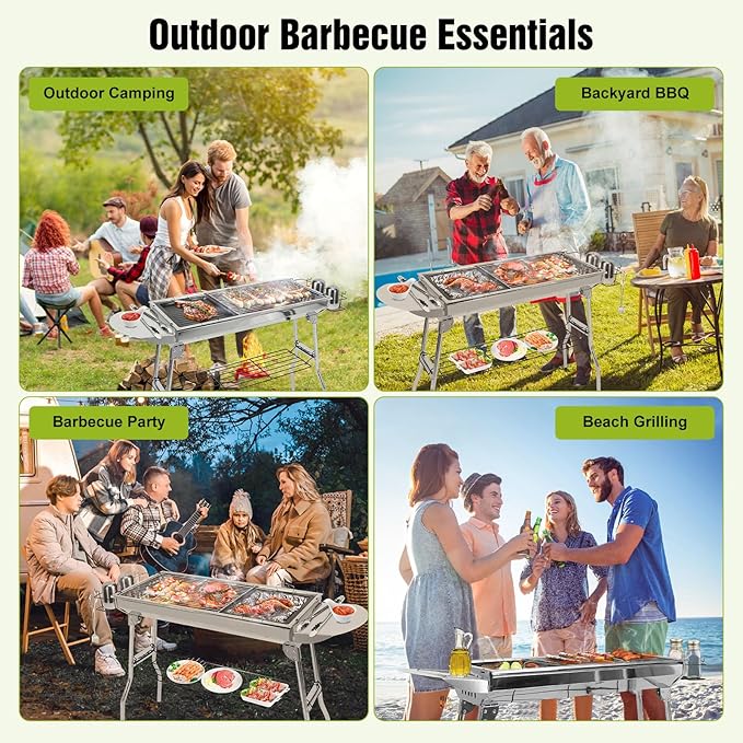 Portable BBQ Grill, Foldable Charcoal Grill Lightweight Smoker Grill for Outdoor Cooking Camping Hiking Picnics Tailgating Backpacking Party (Large gril(39x13.4x28"))