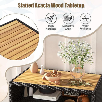 Wicker Outdoor Storage Cabinet, Rattan Patio Bar Table with Acacia Wood Countertop, Open Compartment & 2 Doors, Outdoor Buffet Cabinet Sideboard for Poolside, Garden, Backyard (Mix Brown)