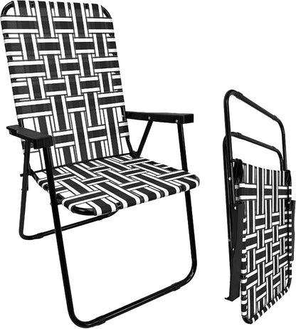 Lawn Chair Folding Steel Webbing Chaise Patio Lounger Seat Wood Handles Great for Camping, Beach, Fishing, Backyard, Stadium, Pool, Boating, and Sports 2 Pack Black