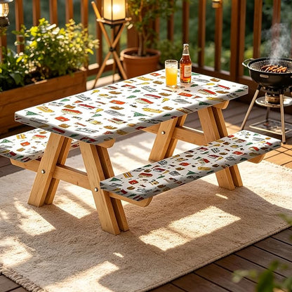 JAWO Picnic Table Cover with Bench Covers and Bag, Camping Rv Essentials, Waterproof Windproof Fabric, Fitted Tablecloth Cover with Elastic Edge, 3 PCS, 30x60 Inch, White