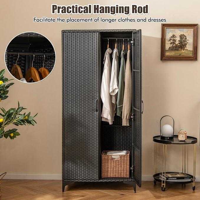 Giantex Wicker Storage Cabinet, 62” Tall Pantry Cabinet with 2 Doors, Hanging Rod, 4 Storage Cubes, Metal Legs, Anti-Tipping Device, PE Rattan Storage Cabinet for Home Office, Garage Cabinets (Black)