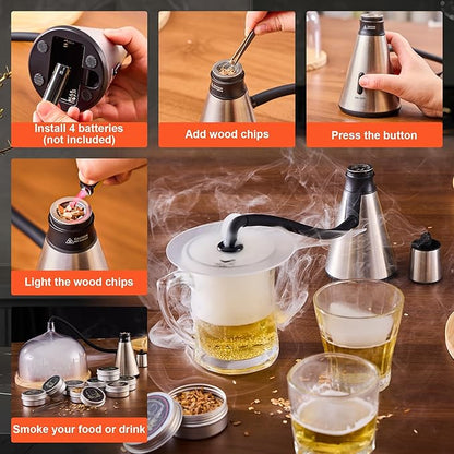Elegant Cocktail Smoker Kit - Complete Whiskey Drink Smoking Gun with 8 Flavors of Wood Chips, Dome, and Accessories, Adds Flavor to Food and Drinks, Infuser Kit for Indoor Outdoor Use